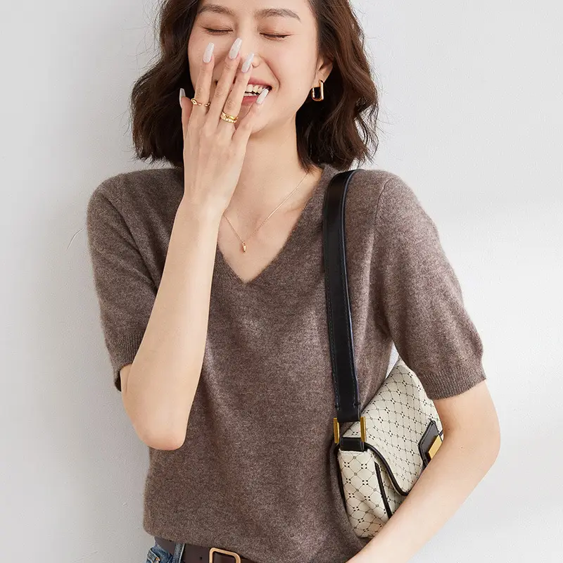 Women V Neck Knitted T-Shirt Brown 2025 Spring Fall - Image 7