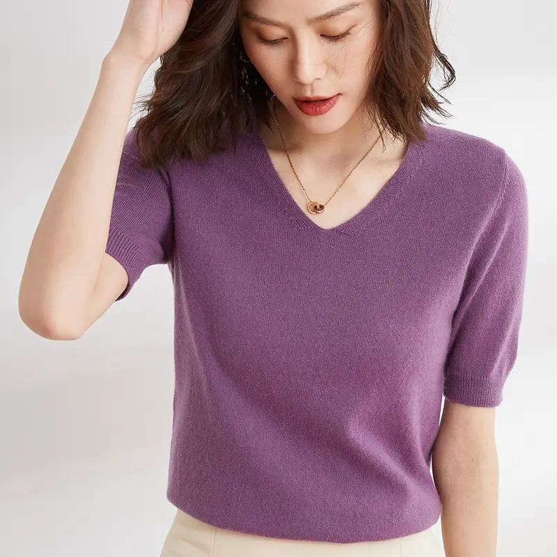 Women V Neck Knitted T-Shirt Brown 2025 Spring Fall - Image 8