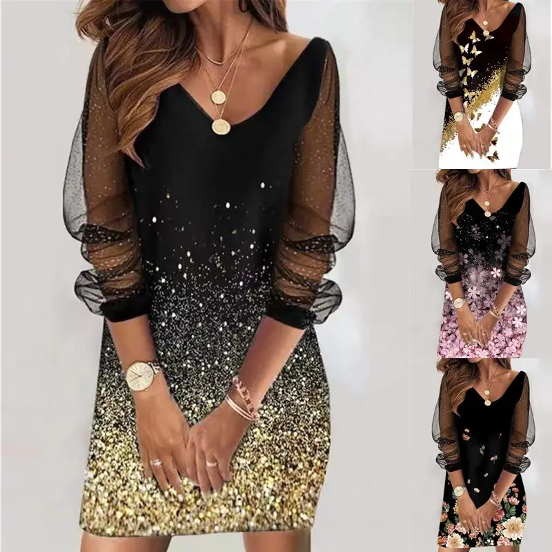 2022 Sequin Perspective Mesh Women's Dress Black - Image 10