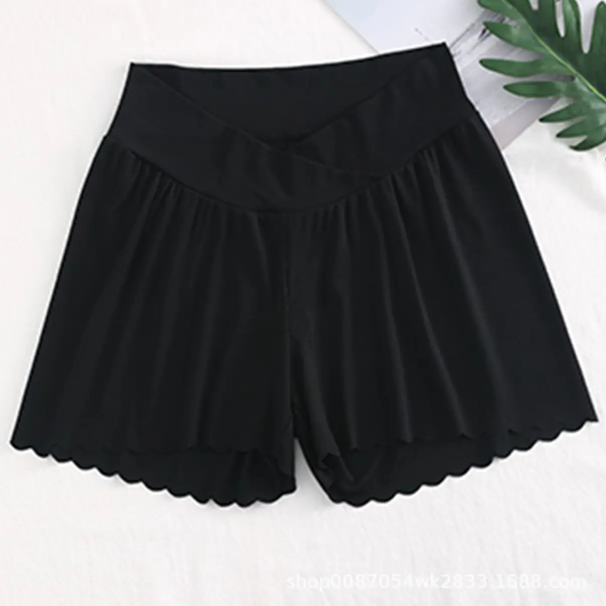 Maternity Black Shorts Elastic Waist Scalloped Edge - Image 3