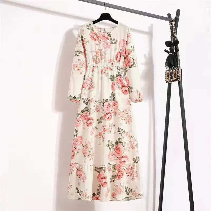 Women Floral Chiffon Long Dress Spring Crewneck Skirt Waist