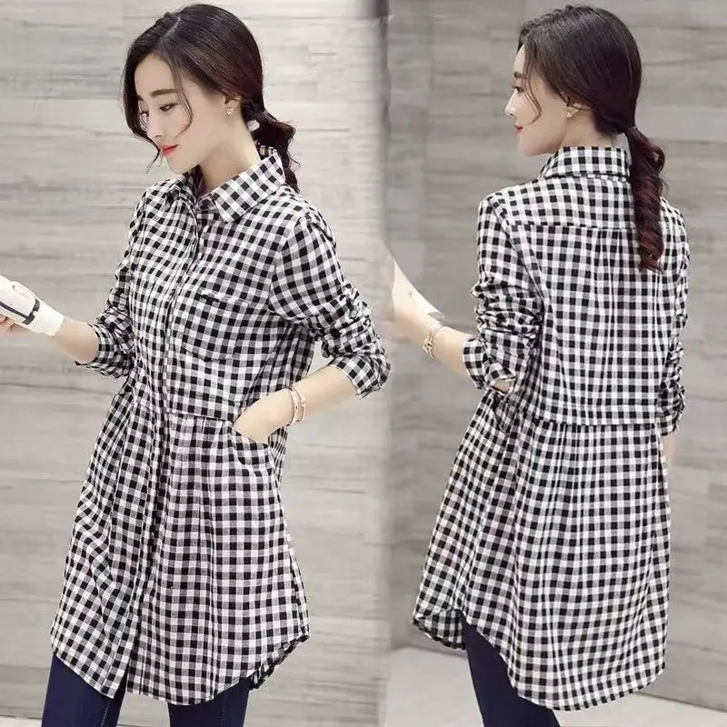 Women's New Plaid Shirt Long Sleeve Spring Fall Loose Large — feature 4