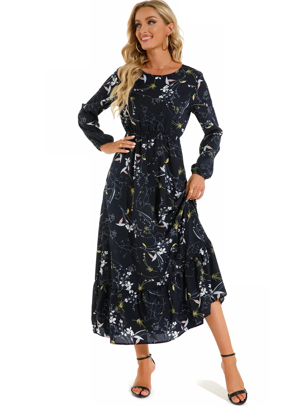 Women Floral Long Dress Black Spring 2022 - Image 9