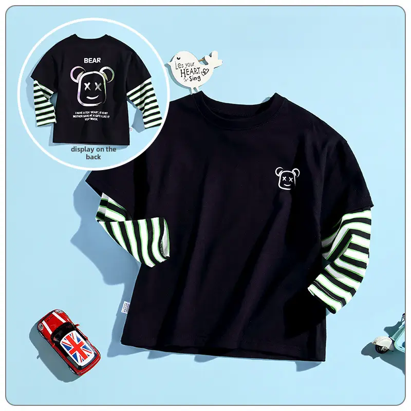 Pink Long Sleeve T-Shirt for Boys Pure Cotton Fake Two Piece