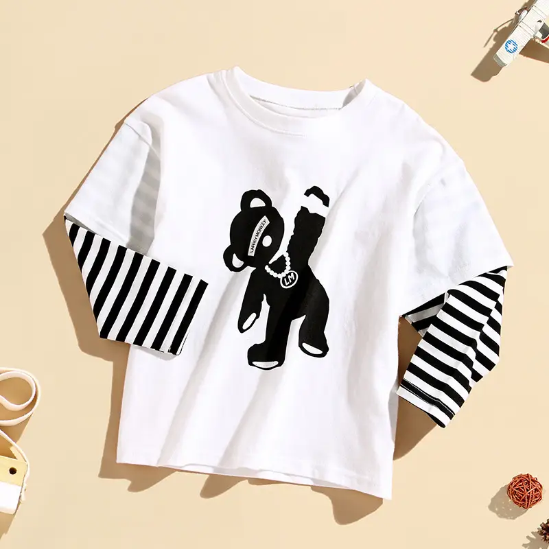 Pink Long Sleeve T-Shirt for Boys Pure Cotton Fake Two Piece