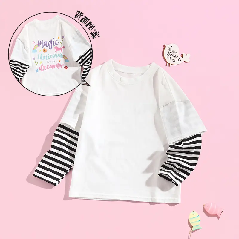 Pink Long Sleeve T-Shirt for Boys Pure Cotton Fake Two Piece