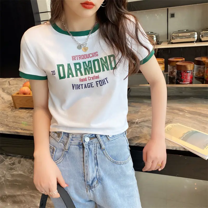 Women Cotton T-Shirt White Green Diamond Print - Image 5