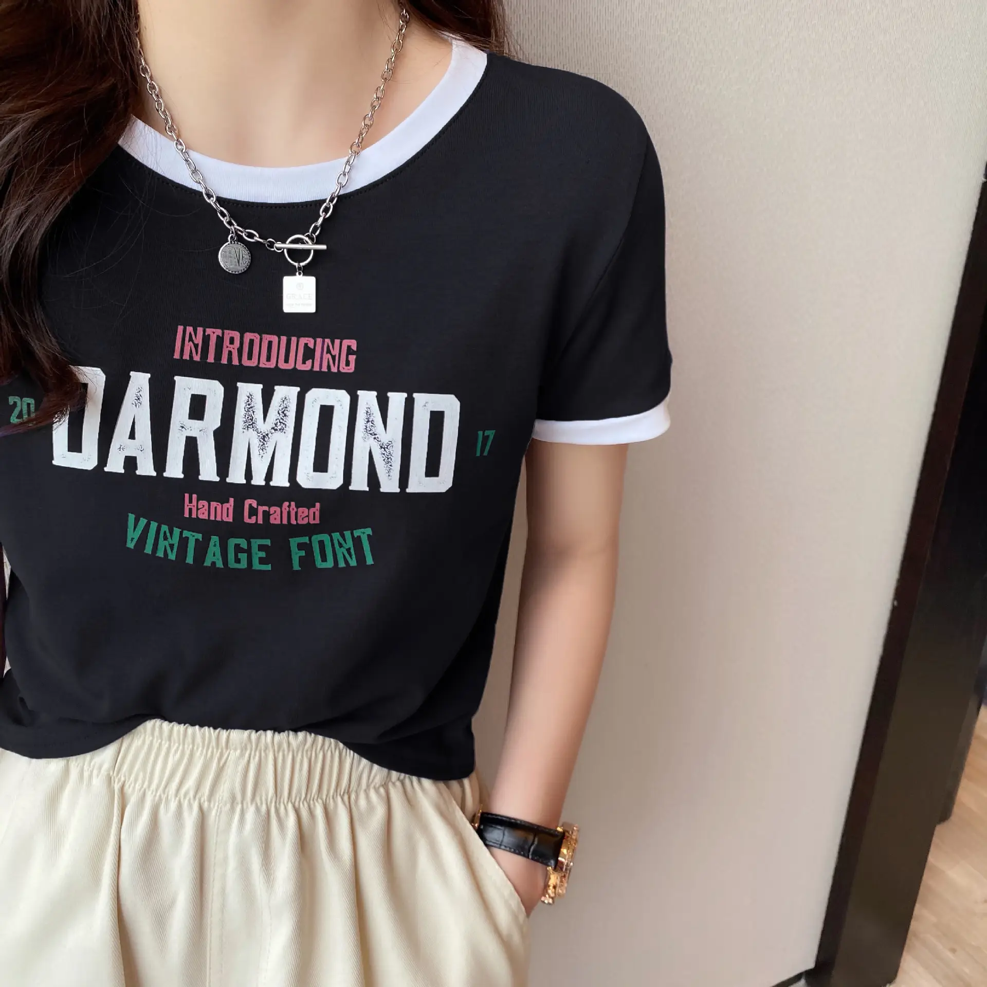 Women Cotton T-Shirt White Green Diamond Print - Image 6