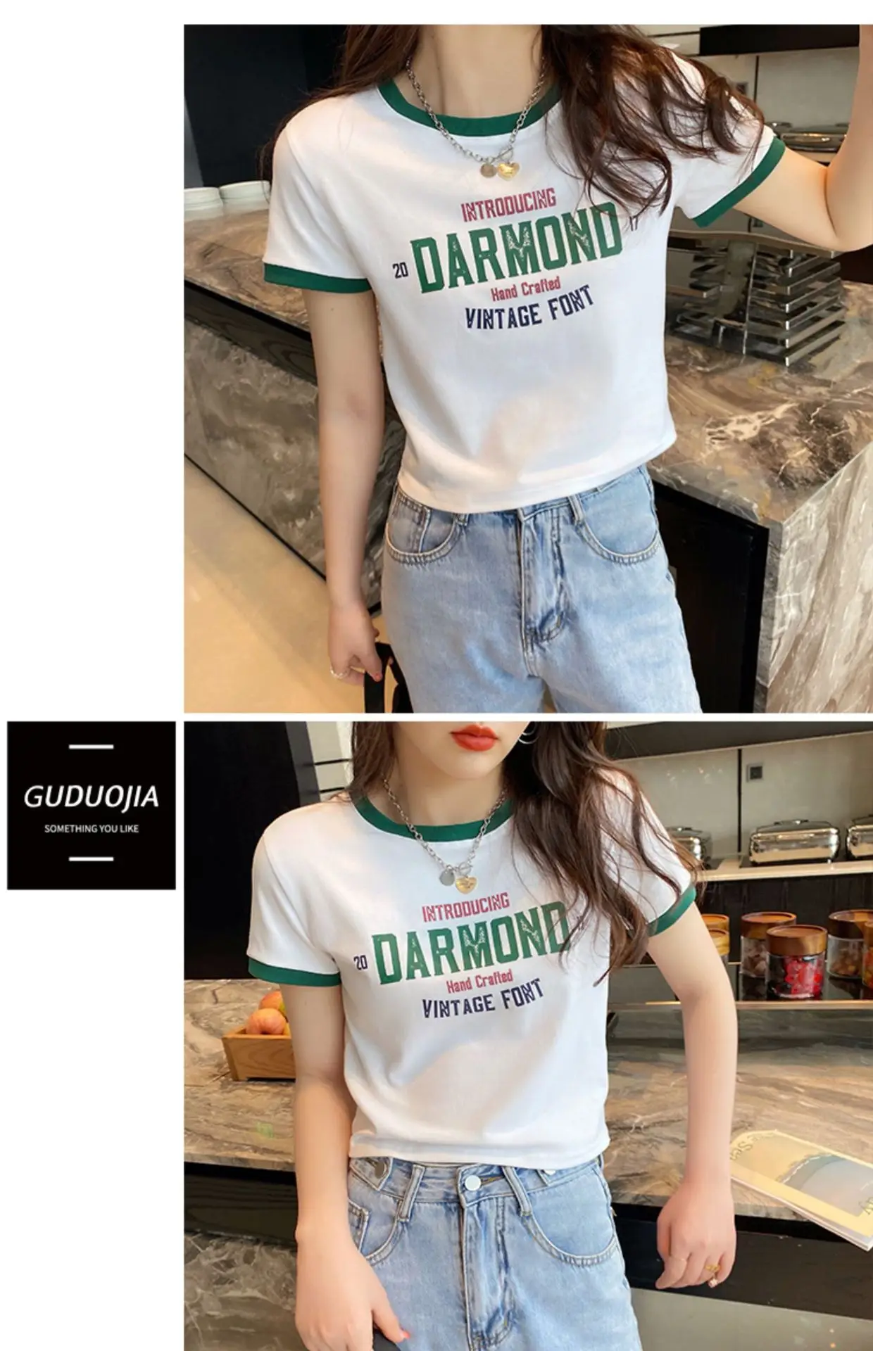 Women Cotton T-Shirt White Green Diamond Print — feature 10