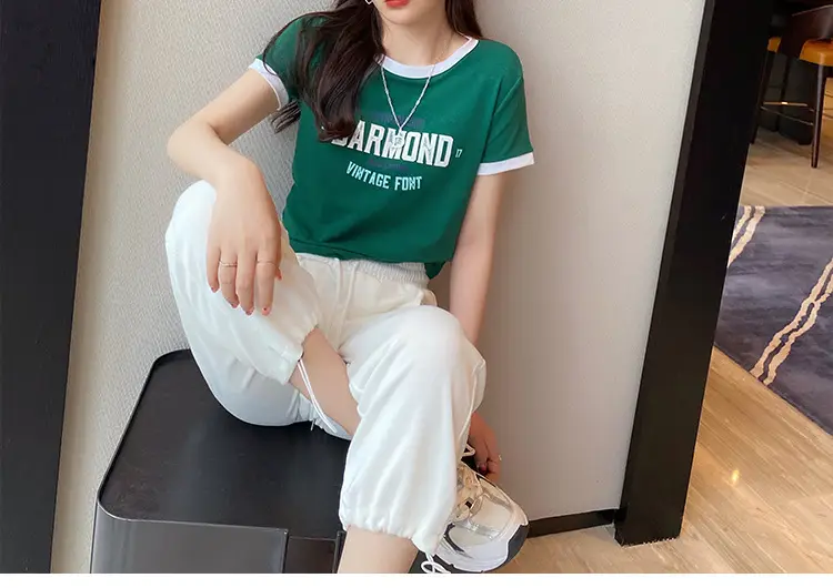 Women Cotton T-Shirt White Green Diamond Print — feature 12