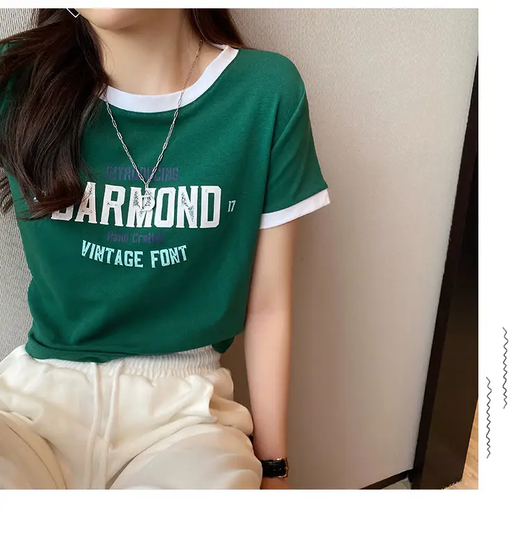 Women Cotton T-Shirt White Green Diamond Print — feature 13