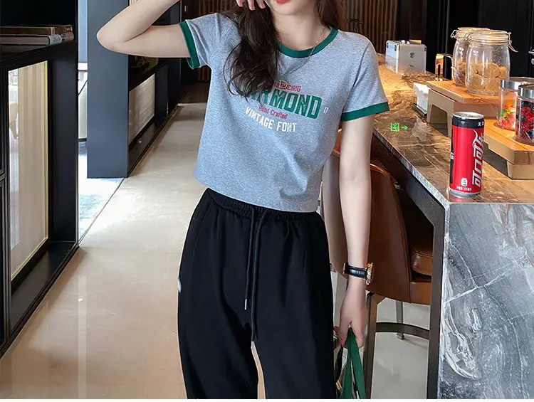Women Cotton T-Shirt White Green Diamond Print — feature 14