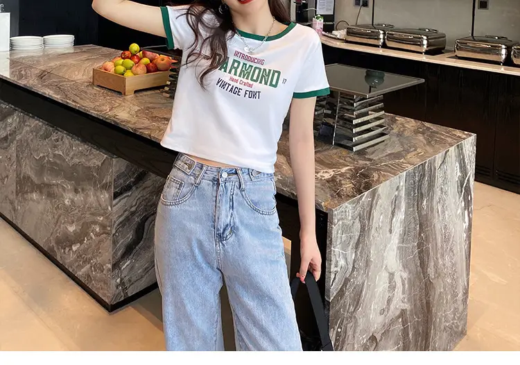 Women Cotton T-Shirt White Green Diamond Print — feature 9