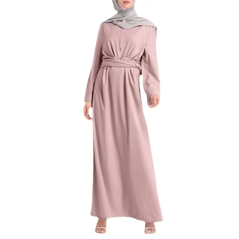 New Cross-Border Elegant Belt Robe Dress Solid Pink - Image 9