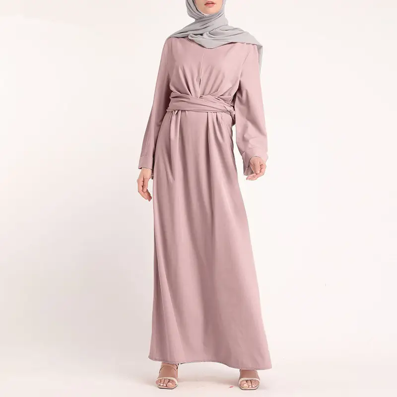 New Cross-Border Elegant Belt Robe Dress Solid Pink - Image 2
