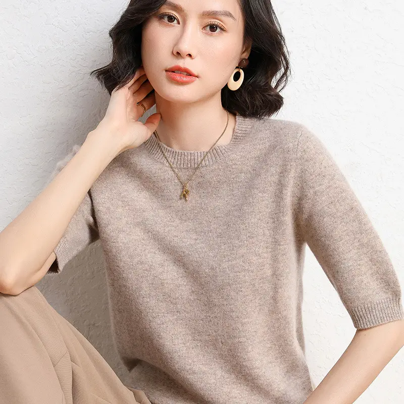 Women's 2025 Knitted Short Sleeve Sweater Beige - Image 11