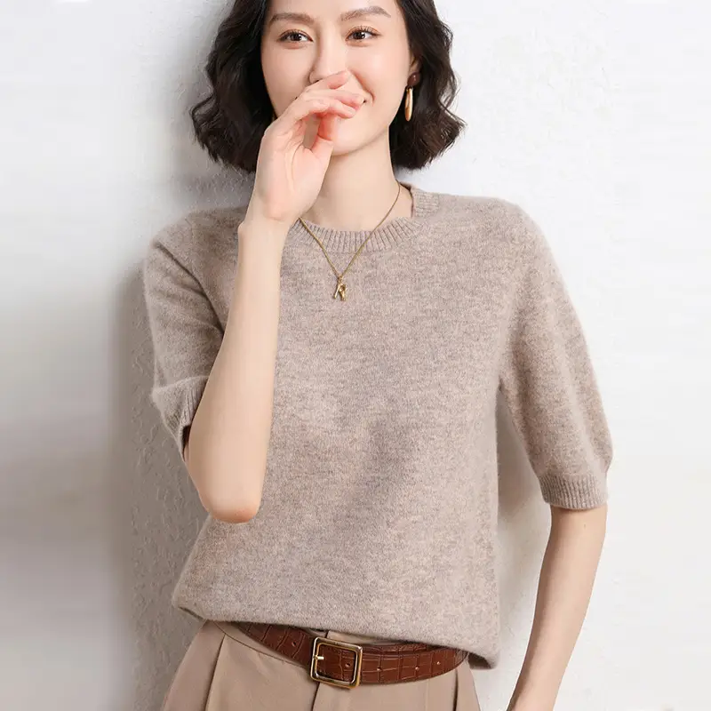 Women's 2025 Knitted Short Sleeve Sweater Beige - Image 12