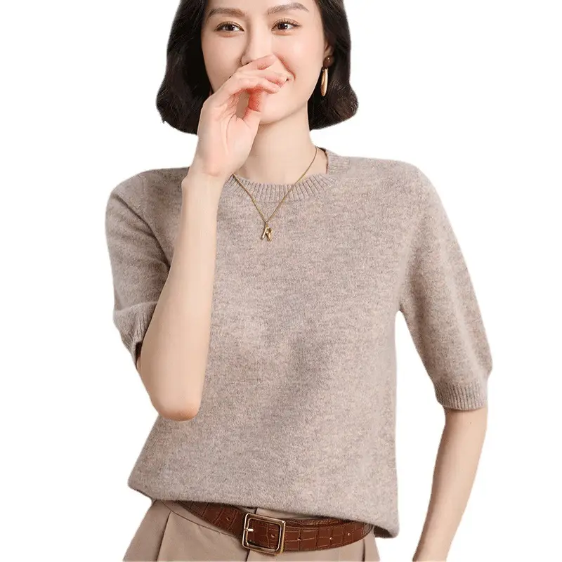 Women's 2025 Knitted Short Sleeve Sweater Beige - Image 14