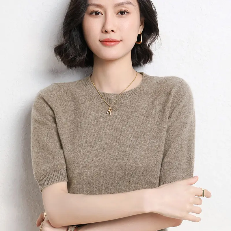 Women's 2025 Knitted Short Sleeve Sweater Beige - Image 2