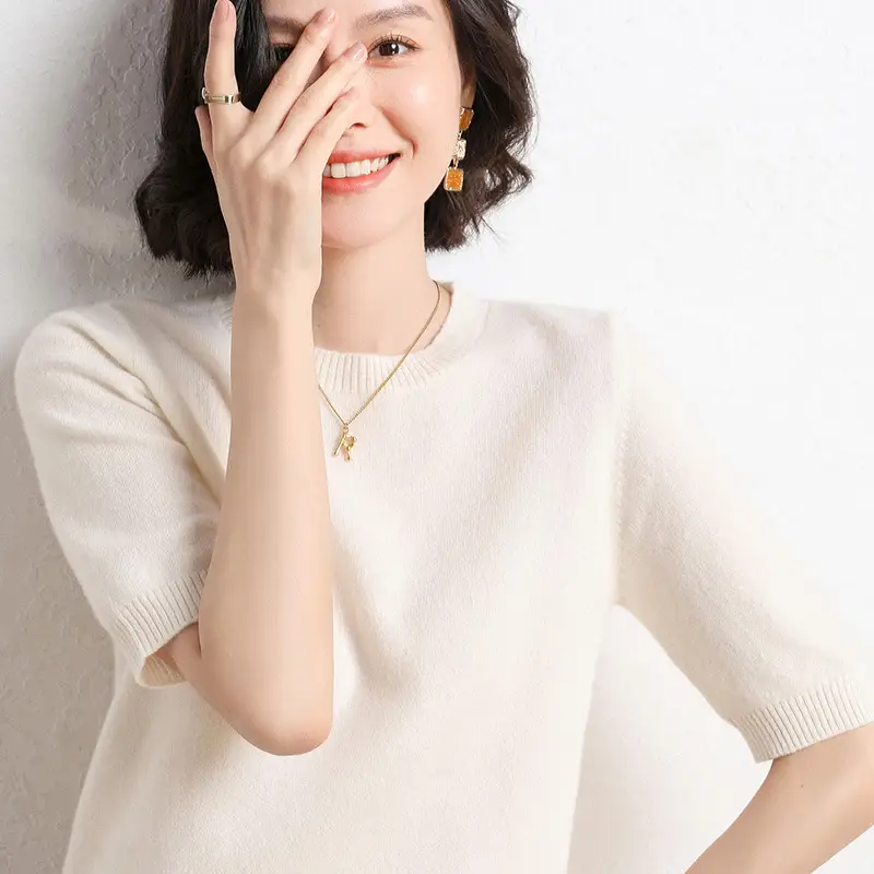 Women's 2025 Knitted Short Sleeve Sweater Beige - Image 4