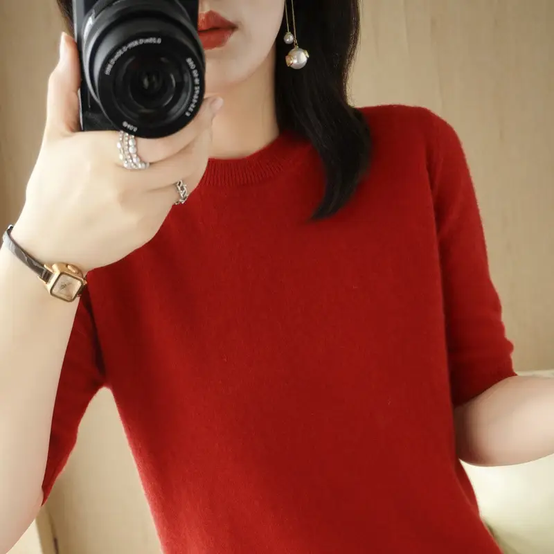 Women's 2025 Knitted Short Sleeve Sweater Beige - Image 8