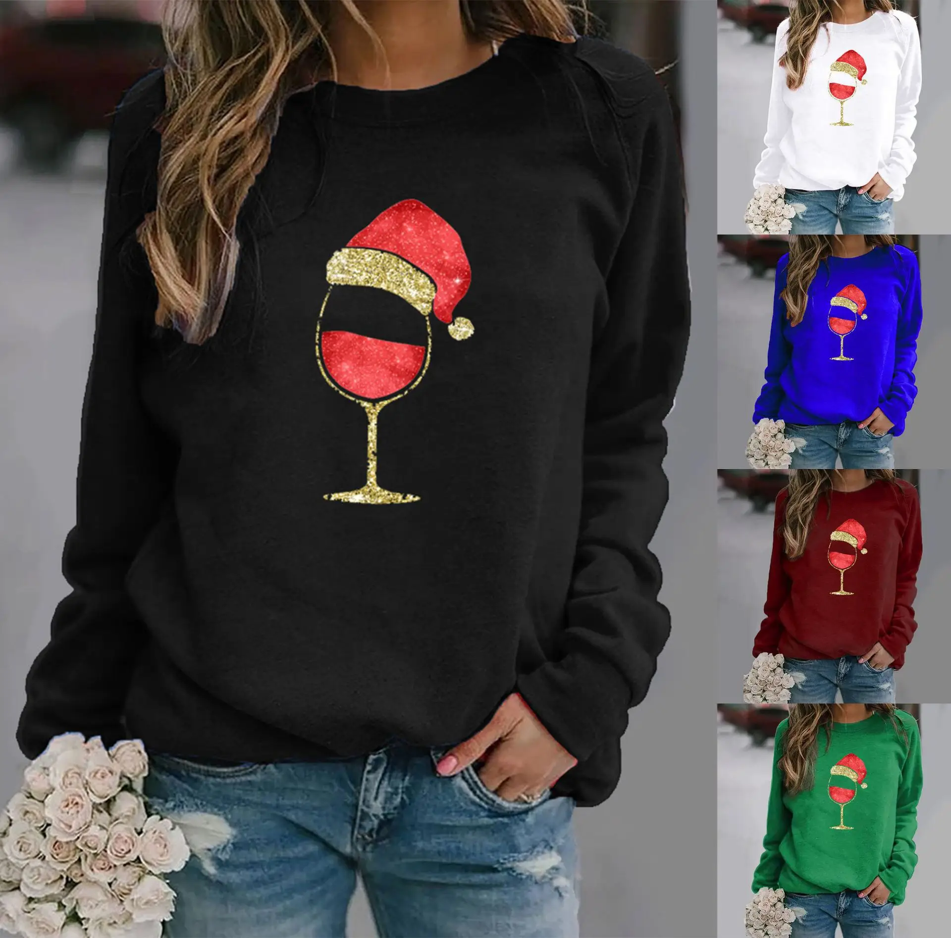 Women's Red Wine Glass Round Neck Sweater 2020 - Image 12