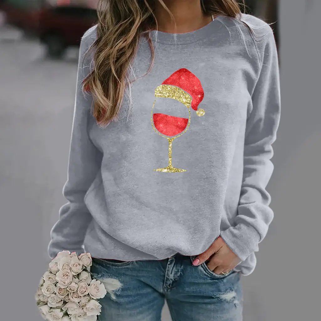 Women's Red Wine Glass Round Neck Sweater 2020 - Image 3