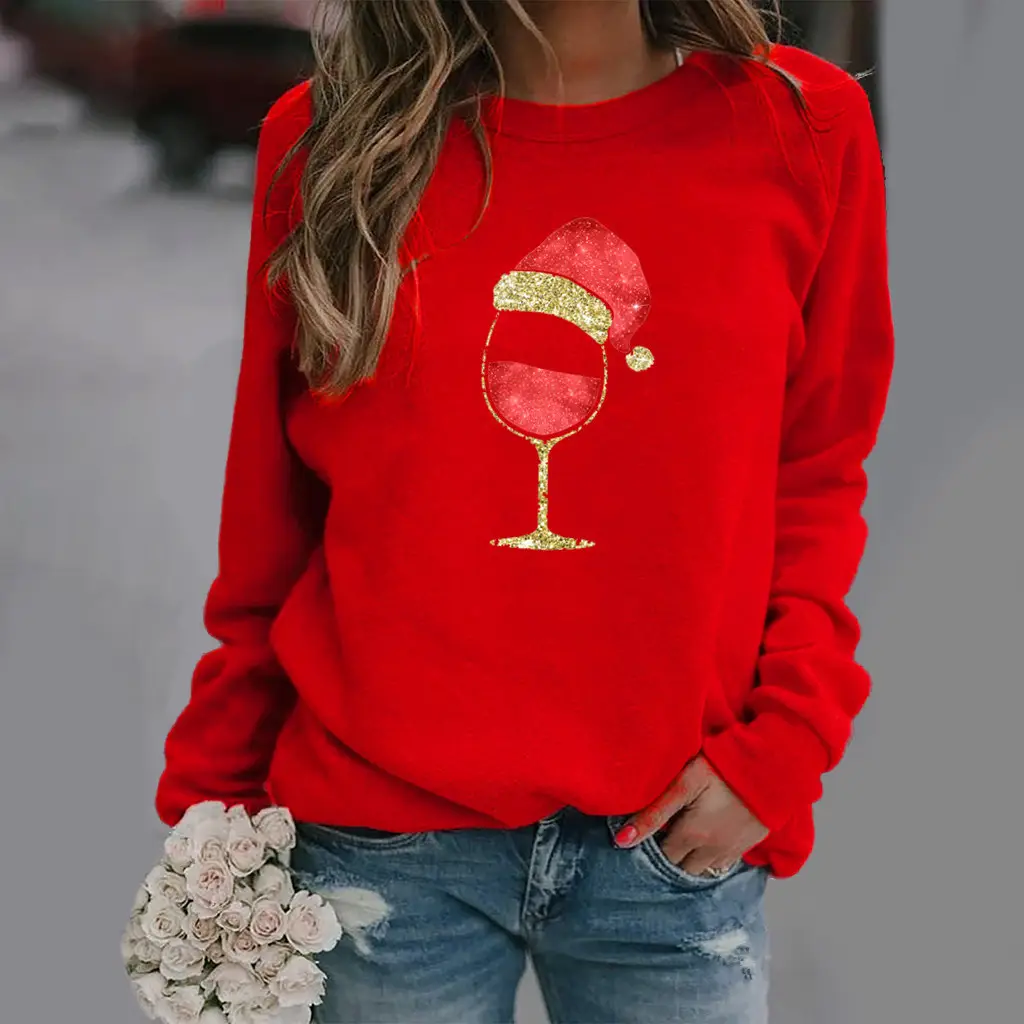 Women's Red Wine Glass Round Neck Sweater 2020 - Image 4