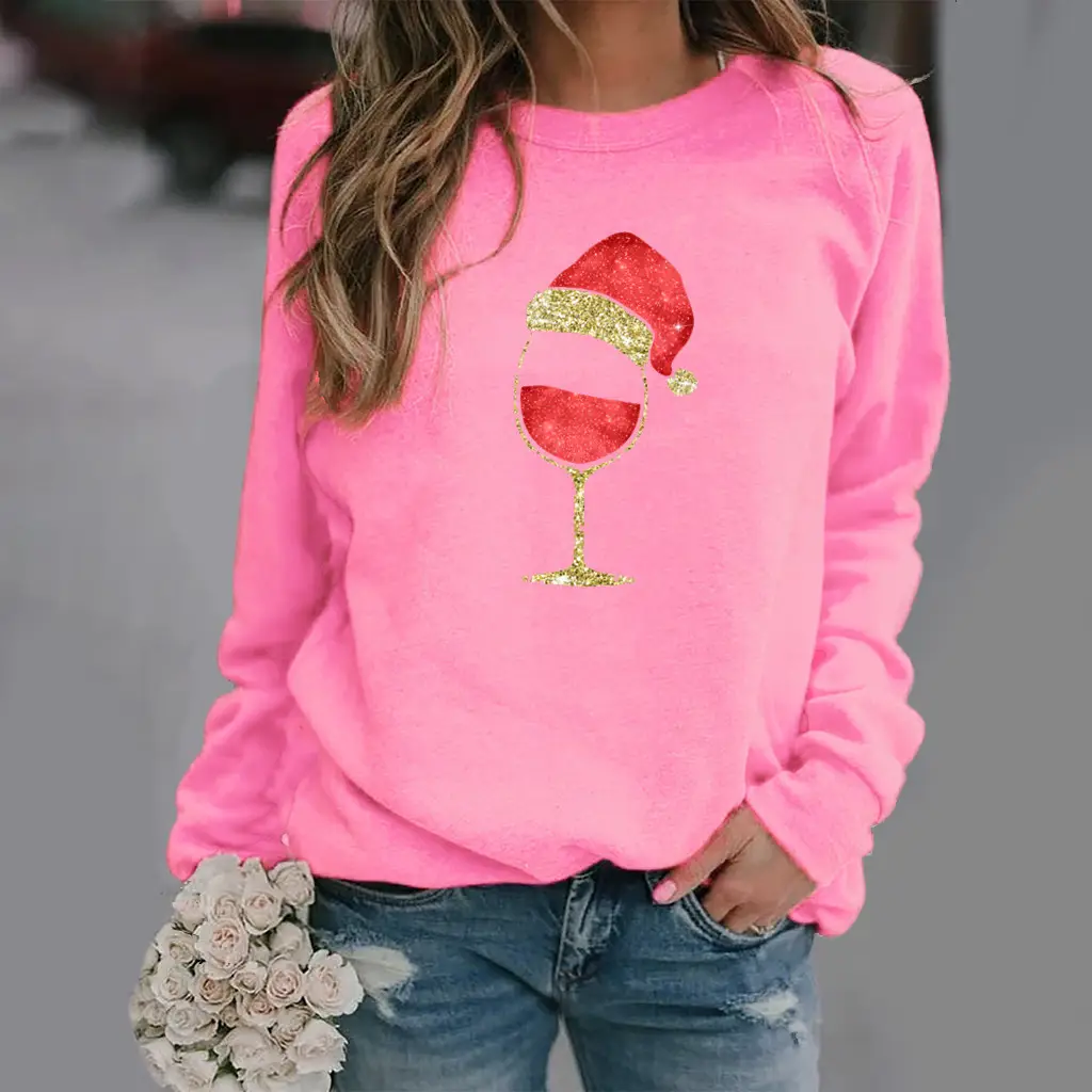 Women's Red Wine Glass Round Neck Sweater 2020 - Image 5