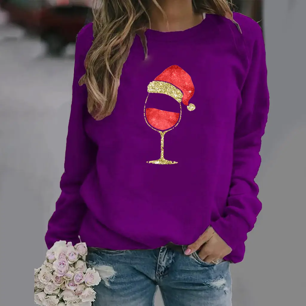 Women's Red Wine Glass Round Neck Sweater 2020 - Image 8