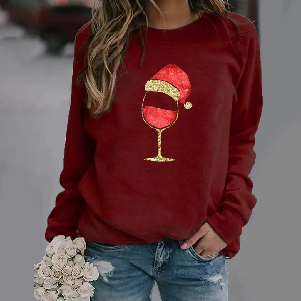 Women's Red Wine Glass Round Neck Sweater 2020 - Image 9