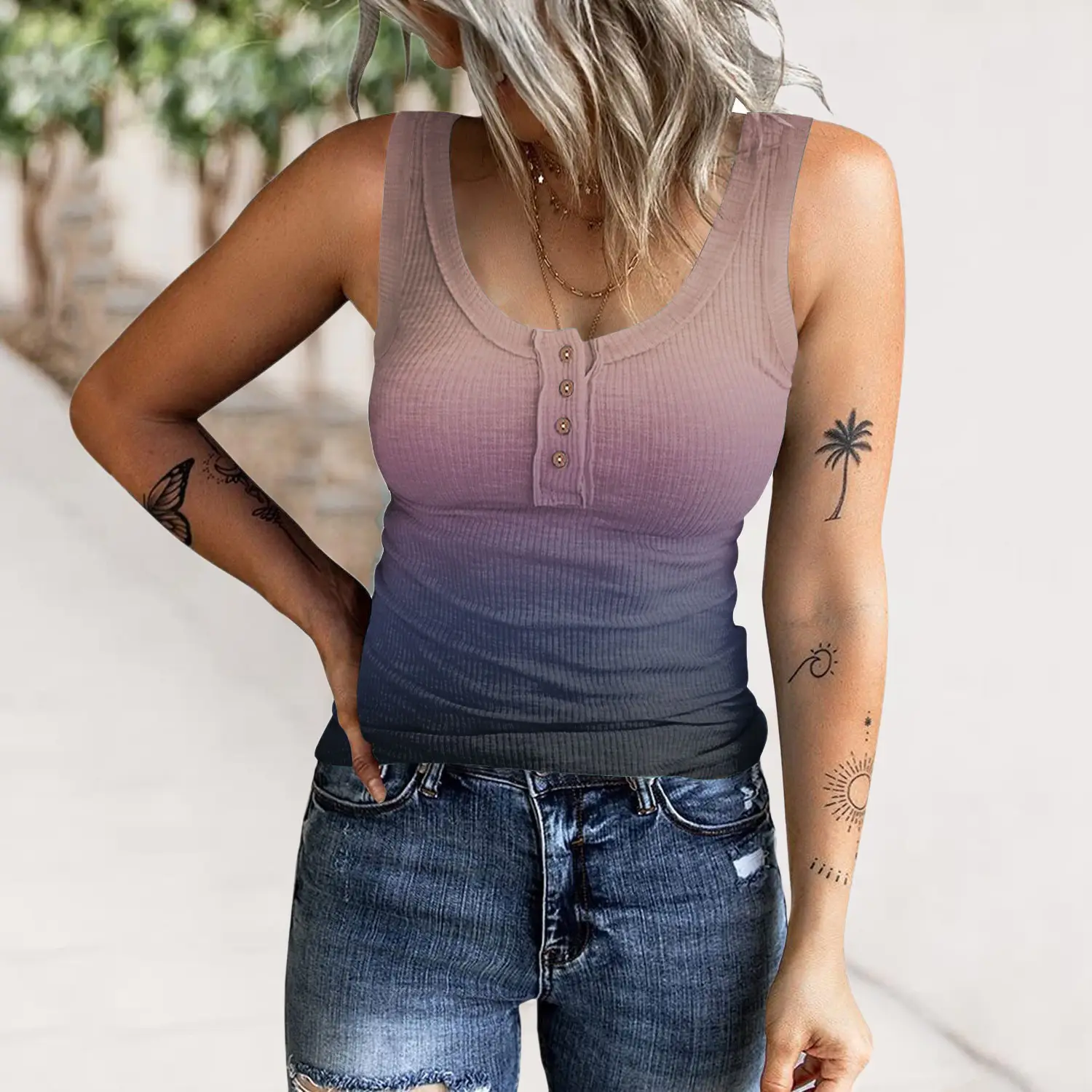 Women's Blue Sleeveless Vest with Button Front - Image 2