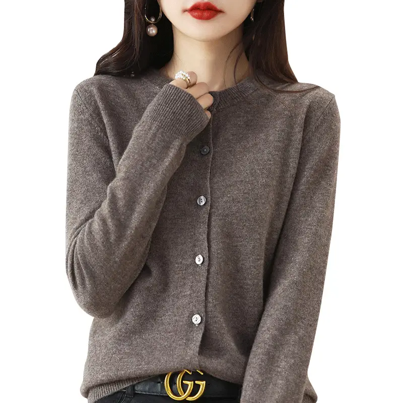 Women's Blue Knitted Round Neck Wool Cardigan - Image 23