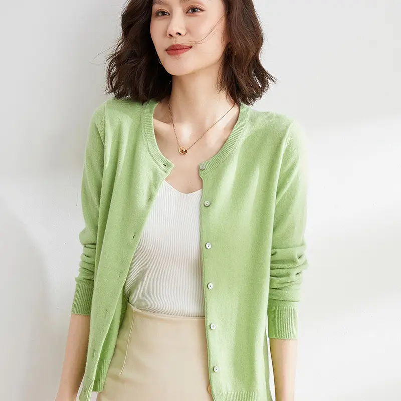 Women's Blue Knitted Round Neck Wool Cardigan - Image 11