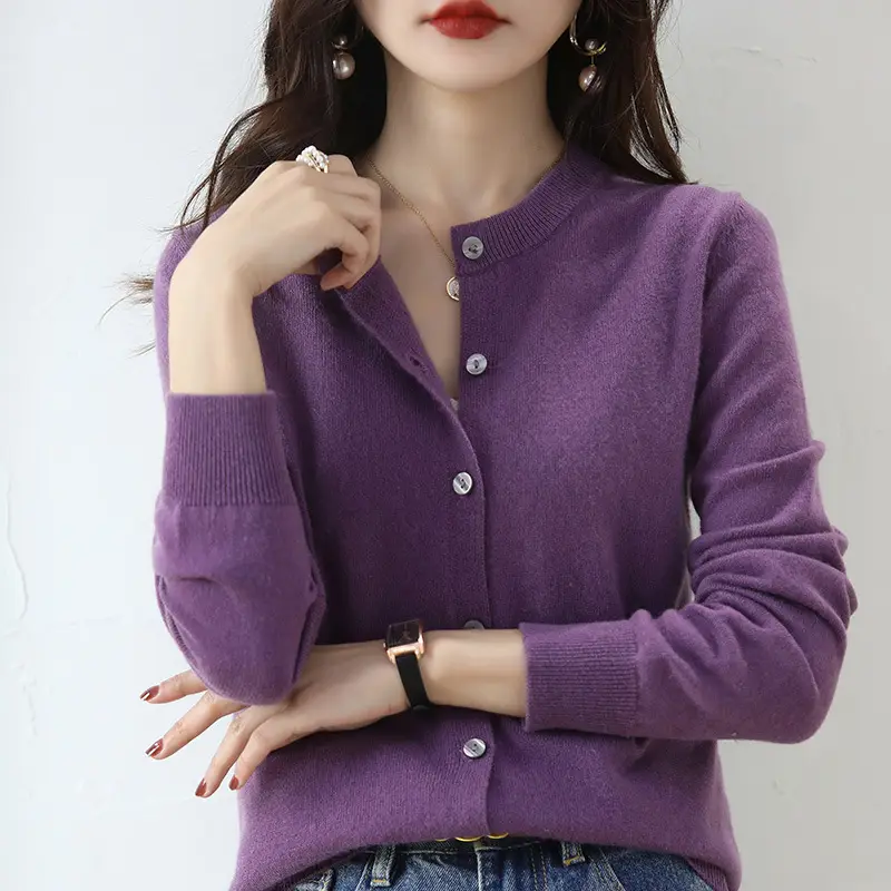 Women's Blue Knitted Round Neck Wool Cardigan - Image 13