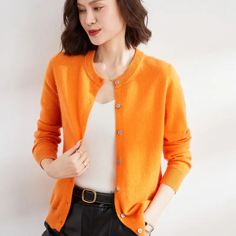 Women's Blue Knitted Round Neck Wool Cardigan - Image 15