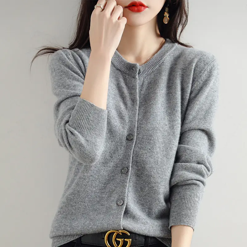 Women's Blue Knitted Round Neck Wool Cardigan - Image 3