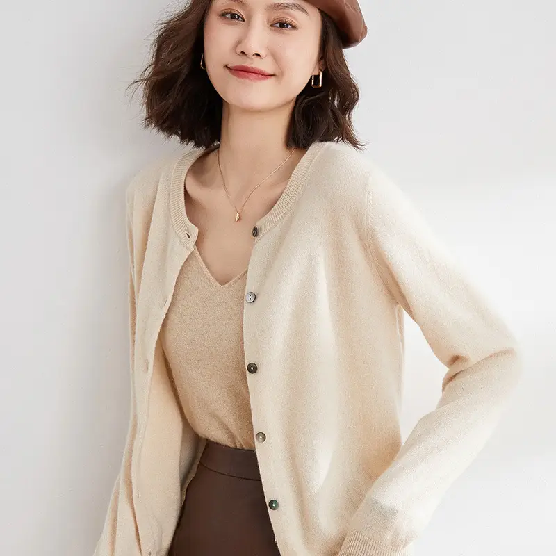 Women's Blue Knitted Round Neck Wool Cardigan - Image 6