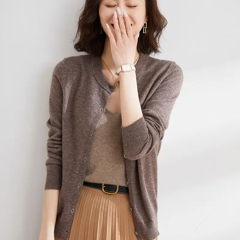 Women's Blue Knitted Round Neck Wool Cardigan - Image 7