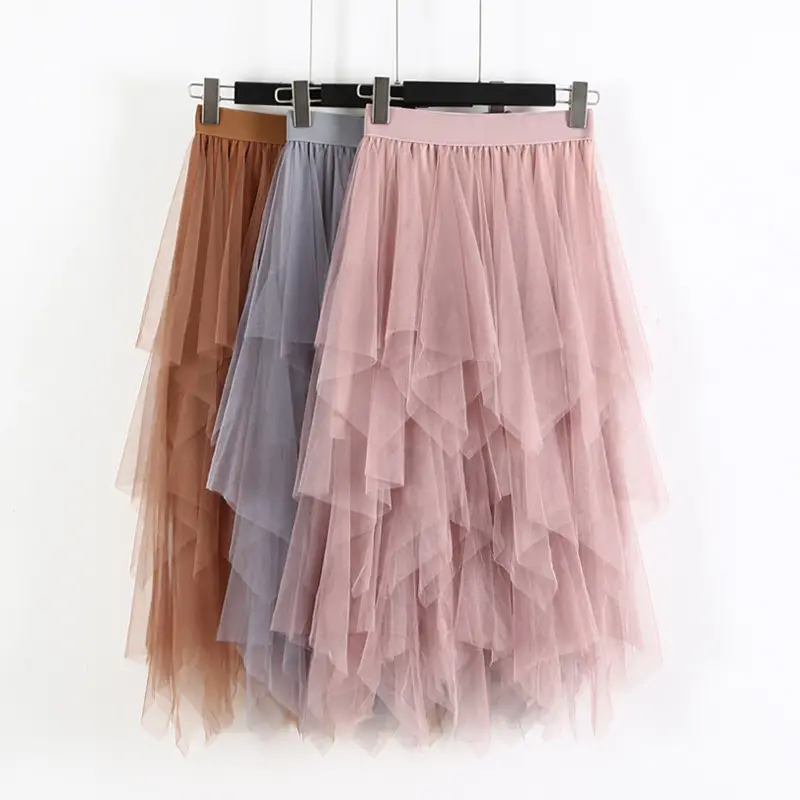 Pink Mesh Irregular High Waist Midi Skirt