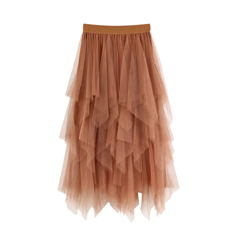 Pink Mesh Irregular High Waist Midi Skirt
