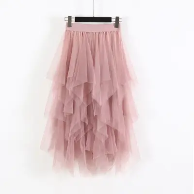 Pink Mesh Irregular High Waist Midi Skirt