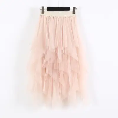 Pink Mesh Irregular High Waist Midi Skirt