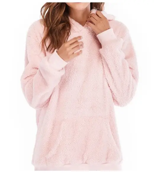 Pink Fleece Hooded Plus Size Women's Top Coat — feature 13