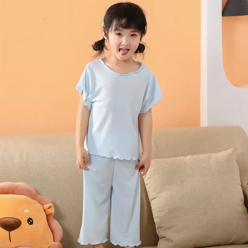 Girls Pajama Set Light Blue Ice Silk Spring Summer - Image 7