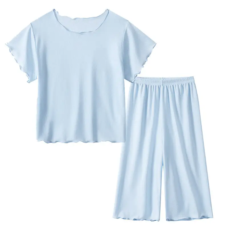 Girls Pajama Set Light Blue Ice Silk Spring Summer - Image 3