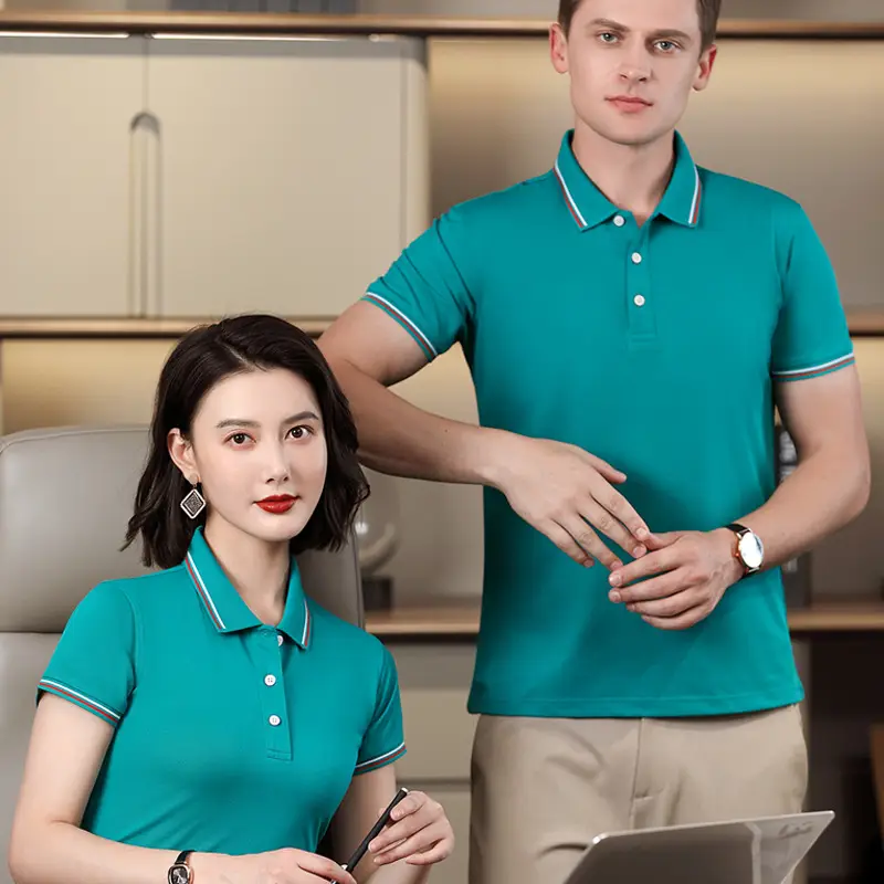 Men & Women Blue Polo Shirt with Logo Print - Image 4
