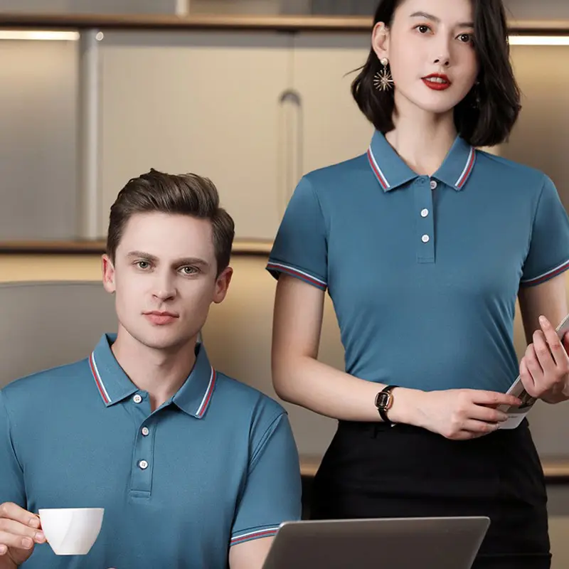 Men & Women Blue Polo Shirt with Logo Print - Image 9