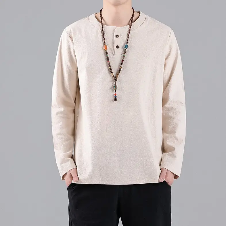 Men Long Sleeve T-Shirt Blue Cotton Linen Round Neck