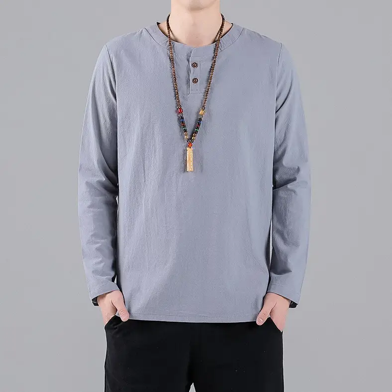 Men Long Sleeve T-Shirt Blue Cotton Linen Round Neck